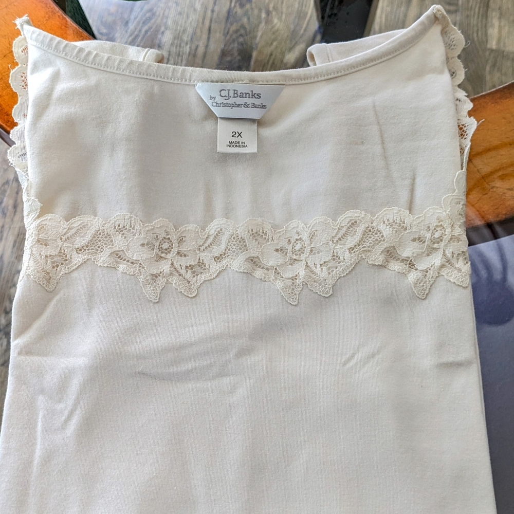 CJ Banks Women's Cream Lace Trim Tunic